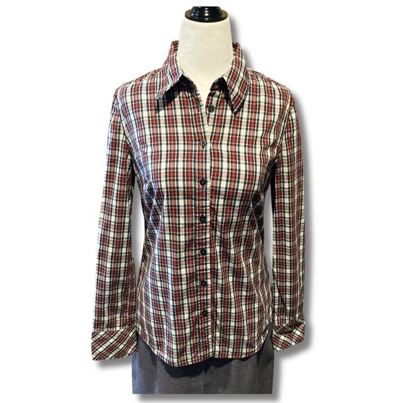 JACOB Black red white plaid button-down shirt ~ Vintage Y2K SMALL MEDIUM blouse - Picture 3 of 16